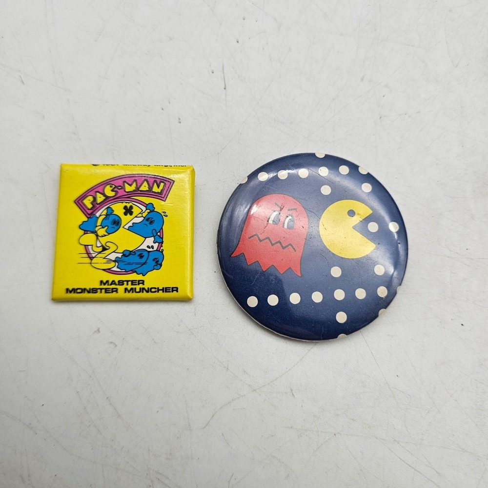 Vintage Pac-Man Pinback Buttons Lot of 2 Master Monster Muncher Ghost Arcade 80s